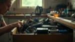 A parent opening a cluttered deep kitchen drawer in a Melbourne home, showing tangled utensils and storage chaos during a busy morning.