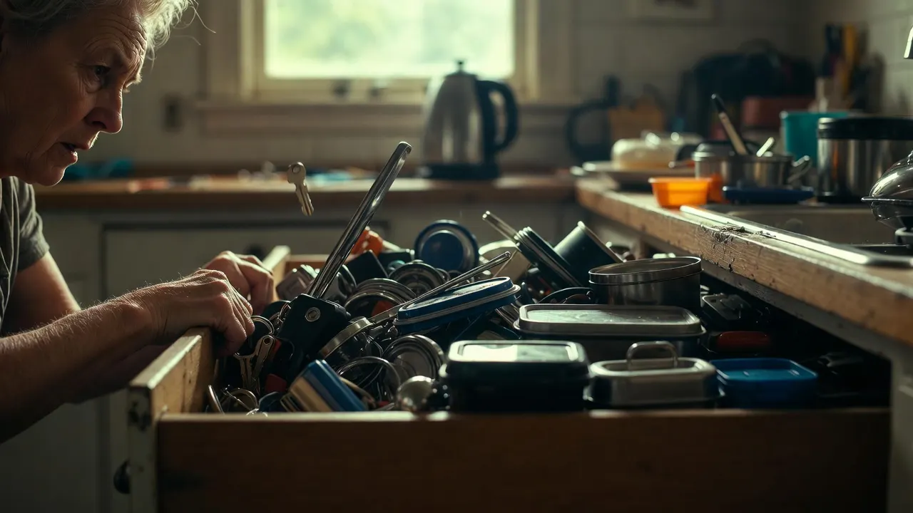 A parent opening a cluttered deep kitchen drawer in a Melbourne home, showing tangled utensils and storage chaos during a busy morning.