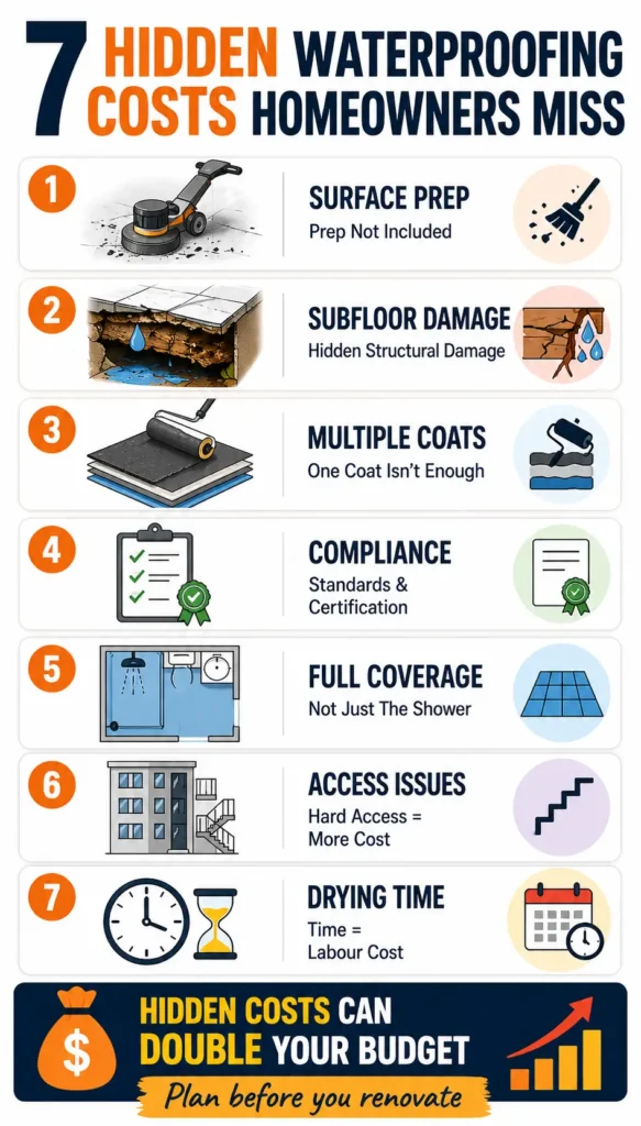 Infographic showing 7 hidden bathroom waterproofing costs including surface prep, subfloor damage, compliance, and delays in Melbourne renovations