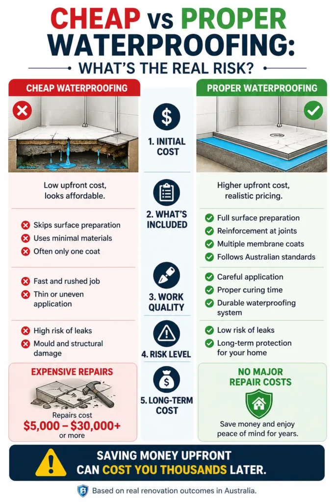 Cheap vs proper waterproofing comparison showing cost, risks, and long-term repair expenses in Melbourne bathroom renovation