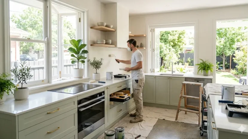 Modern kitchen renovation in Melbourne with a painter applying low-VOC paint in a bright, well-ventilated space