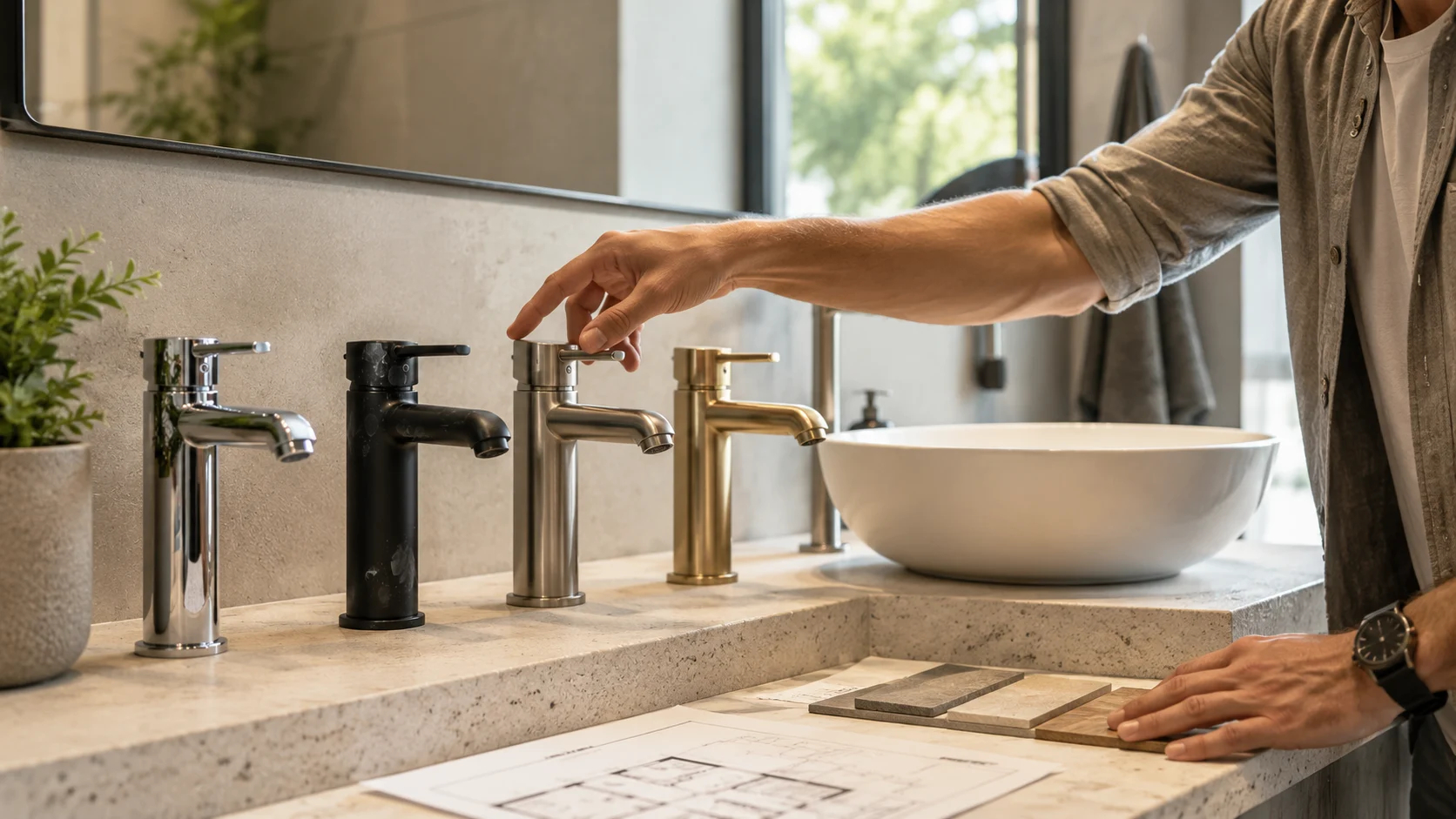 Modern Melbourne bathroom renovation with chrome, matte black, brushed nickel, and brass tapware displayed beside a stone vanity and basin.