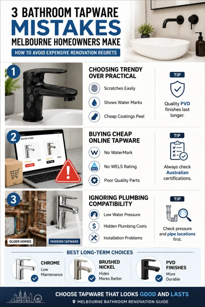 Infographic showing common bathroom tapware mistakes Melbourne homeowners make during bathroom renovations