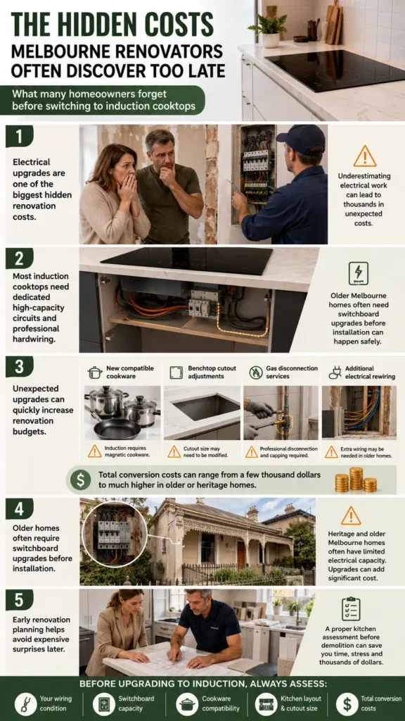 Infographic showing the hidden costs of switching to induction cooktops during Melbourne kitchen renovations, including electrical upgrades, rewiring, and switchboard changes.
