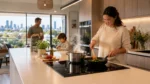 Modern Melbourne family kitchen featuring a sleek induction cooktop, stone benchtops, and open-plan luxury renovation design.