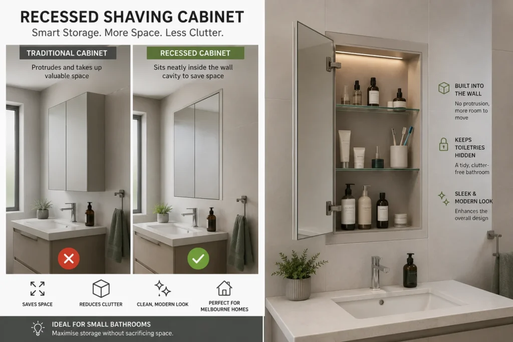 Recessed shaving cabinet built inside bathroom wall cavity to save space and reduce clutter in a modern Melbourne bathroom