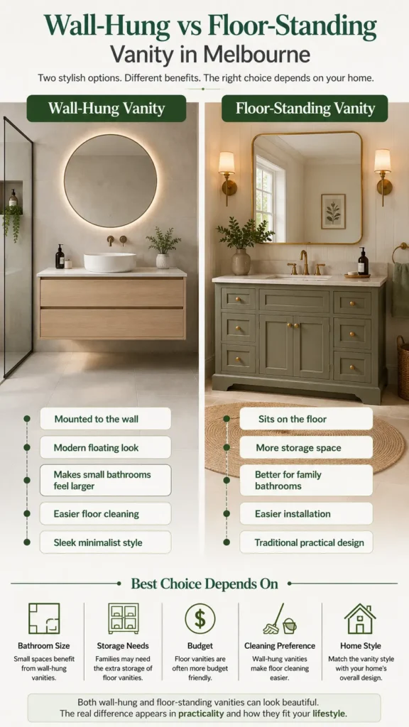 Infographic comparing wall-hung and floor-standing bathroom vanities in Melbourne, including storage, cleaning, installation, bathroom size, and design benefits.