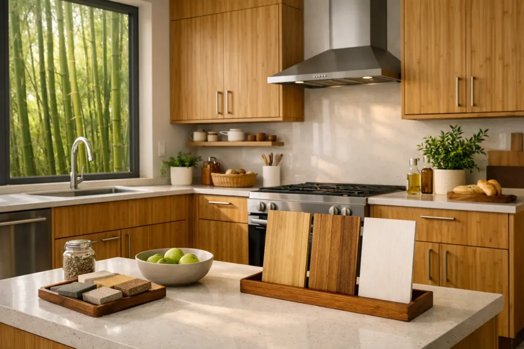 Modern kitchen with natural bamboo cabinets, quartz countertop, and a bamboo grove visible through the window, symbolizing sustainable design and eco-conscious materials.
