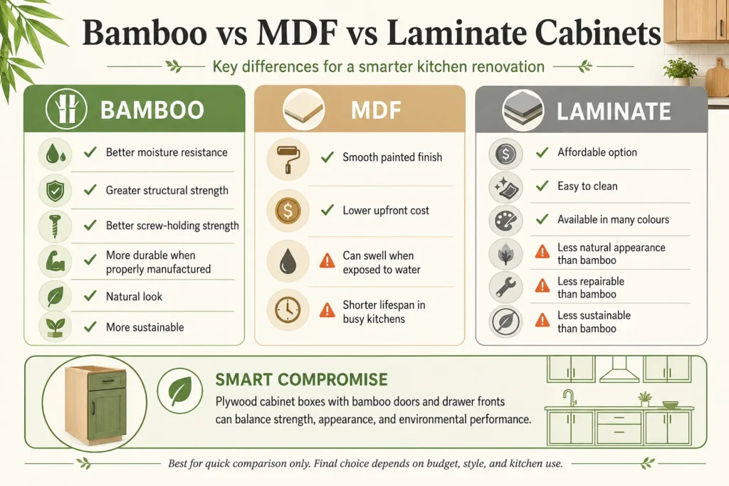 Bamboo vs MDF vs laminate cabinets infographic comparing moisture resistance, durability, cost, sustainability and kitchen renovation performance.