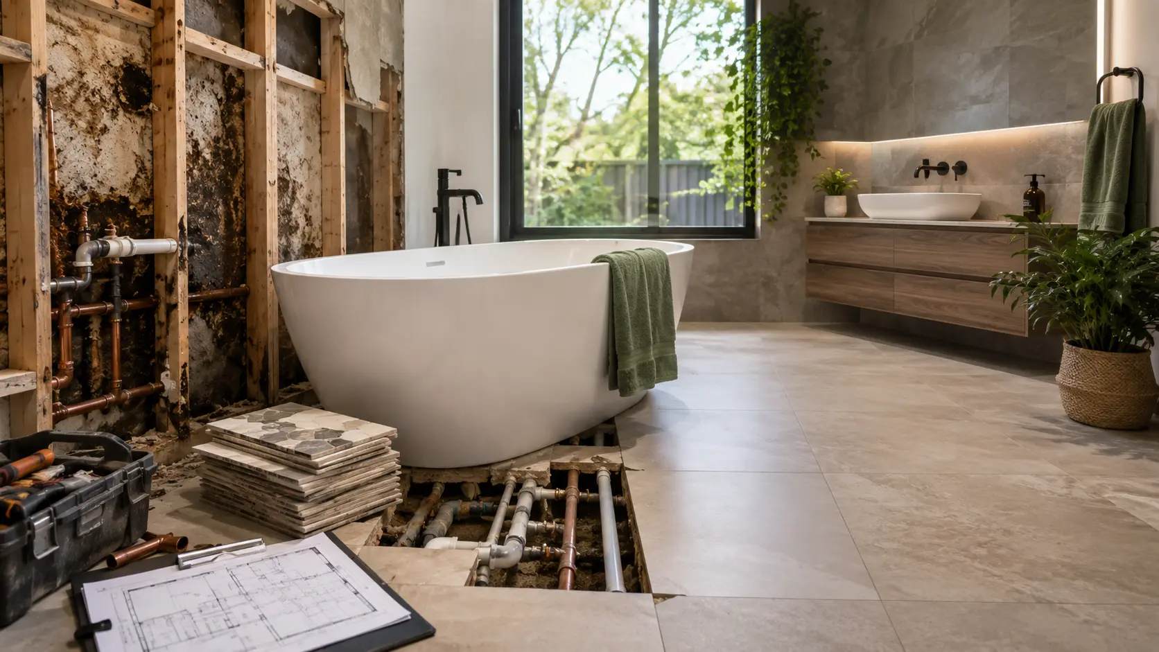 Modern Melbourne bathroom renovation with a freestanding bathtub, exposed plumbing, water damage behind walls, replacement tiles, and completed luxury finishes showing hidden renovation costs.
