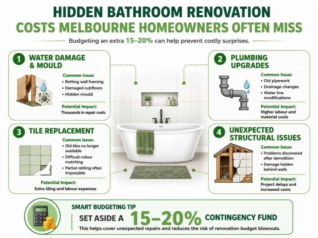 Hidden bathroom renovation costs in Melbourne including water damage, plumbing upgrades, tile replacement, and structural repairs.