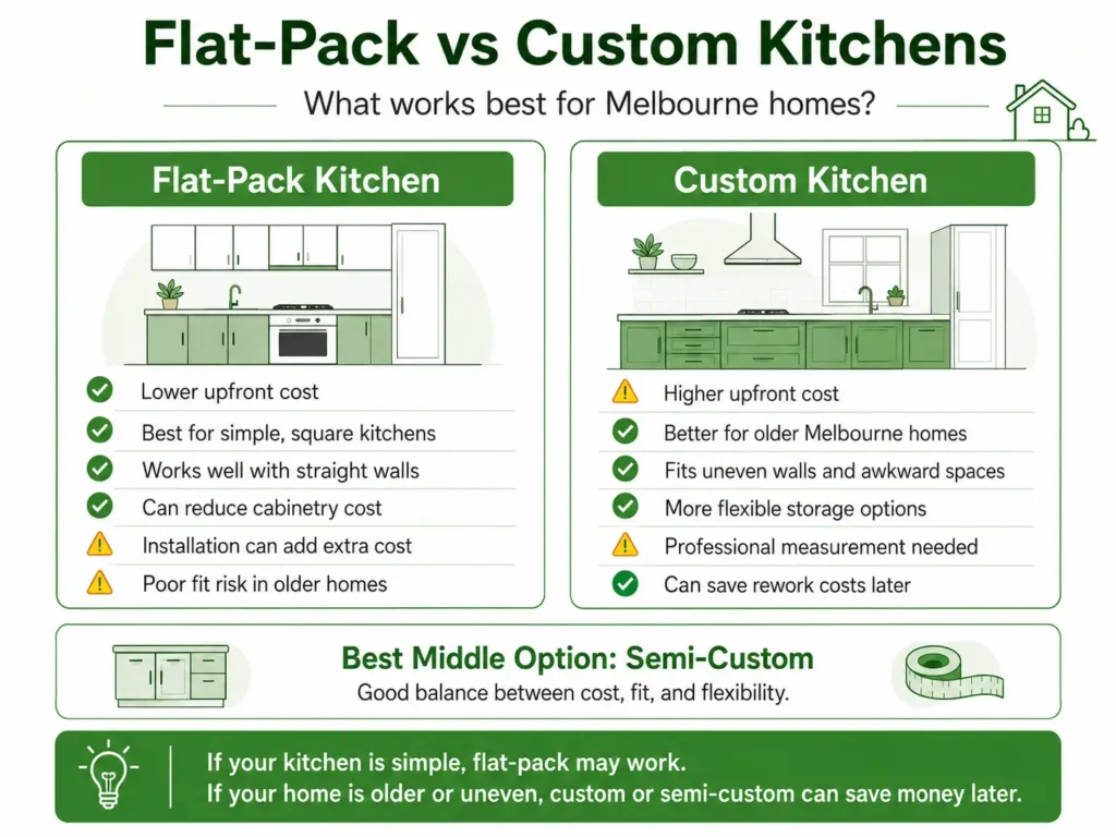 Infographic comparing flat-pack and custom kitchens for Melbourne homes, showing costs, benefits, risks, and why semi-custom is a balanced middle option.