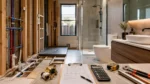 Modern Melbourne bathroom renovation showing exposed plumbing, unfinished construction, completed fixtures, tools, plans, and cost planning items.