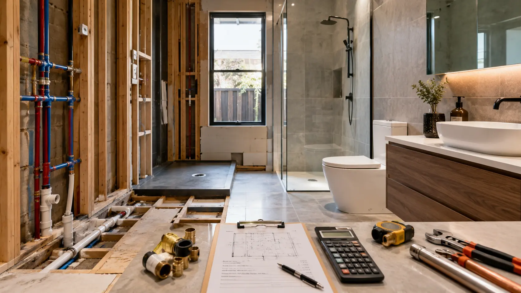 Modern Melbourne bathroom renovation showing exposed plumbing, unfinished construction, completed fixtures, tools, plans, and cost planning items.