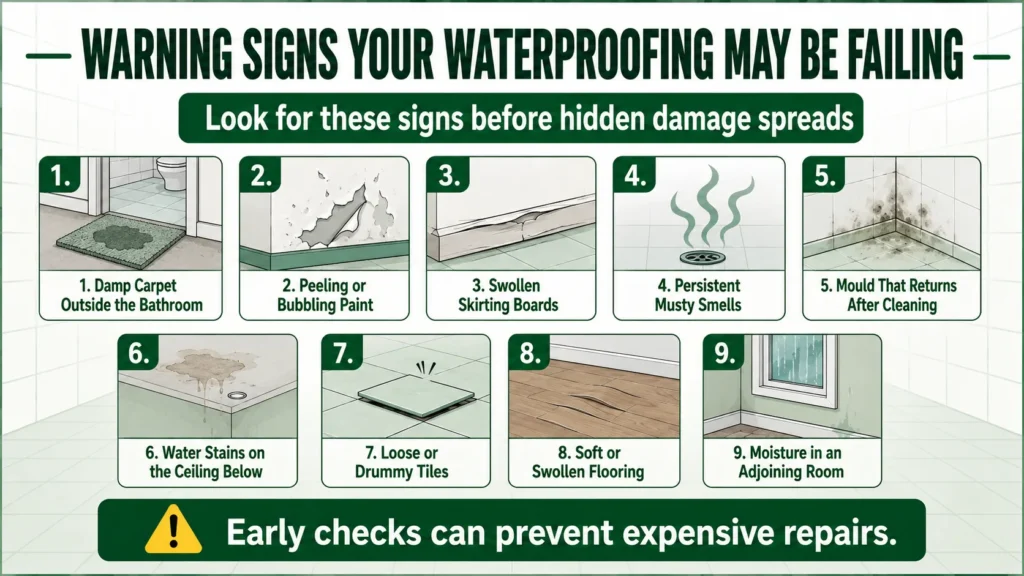 Nine warning signs of bathroom waterproofing failure, including damp carpet, peeling paint, mould and swollen flooring.