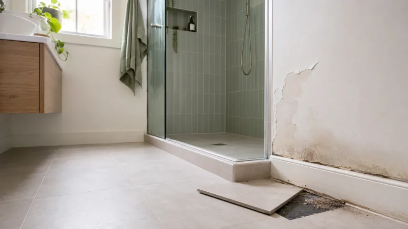 Modern bathroom showing peeling paint, mould and a loose floor tile caused by waterproofing failure.