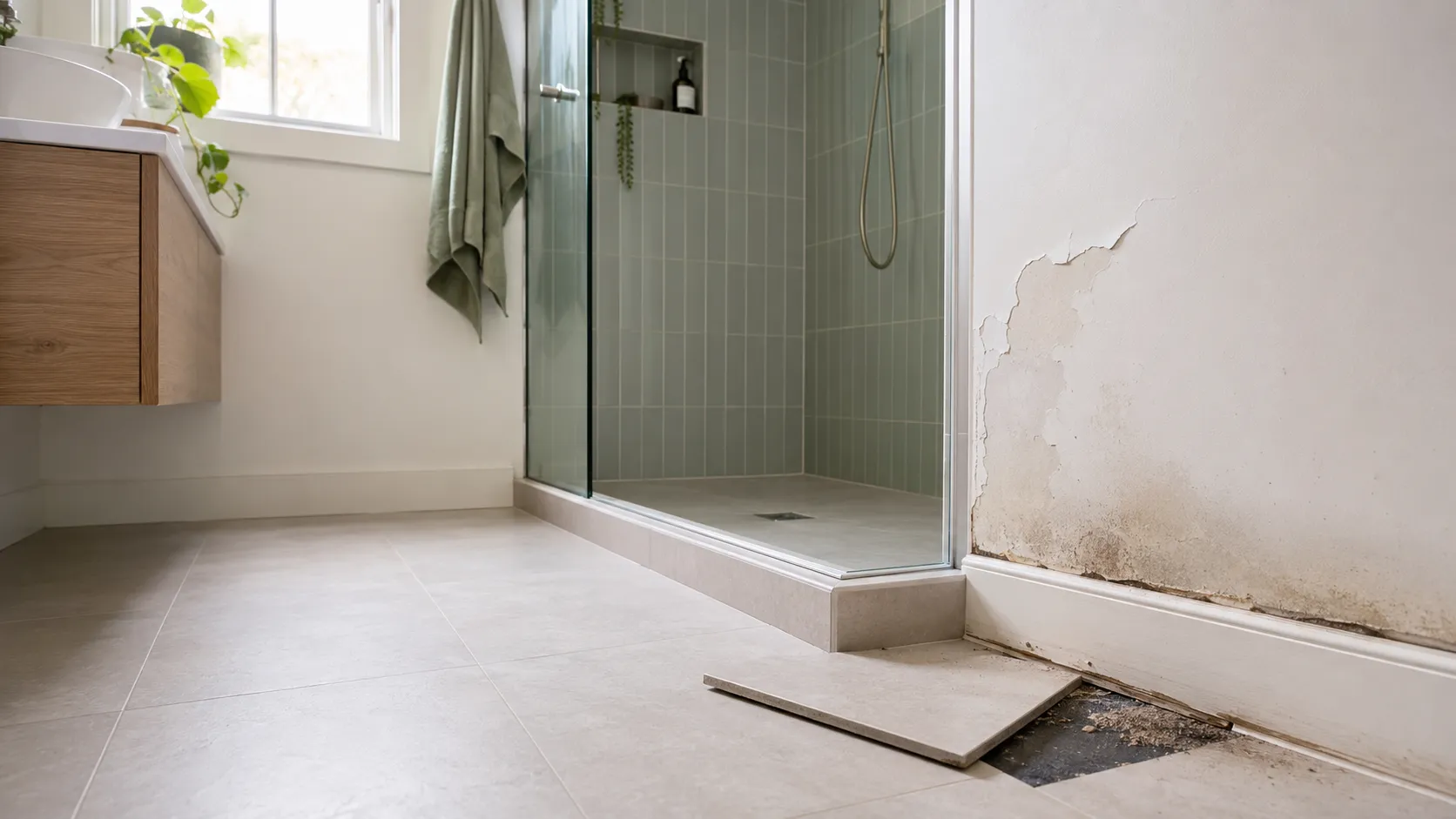 Modern bathroom showing peeling paint, mould and a loose floor tile caused by waterproofing failure.