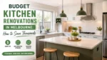 Modern budget kitchen renovation in Melbourne with green accents, white cabinetry, smart upgrade tips, and a clean 16:9 featured image layout.