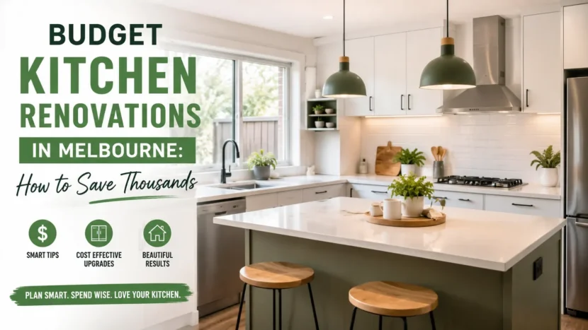 Modern budget kitchen renovation in Melbourne with green accents, white cabinetry, smart upgrade tips, and a clean 16:9 featured image layout.