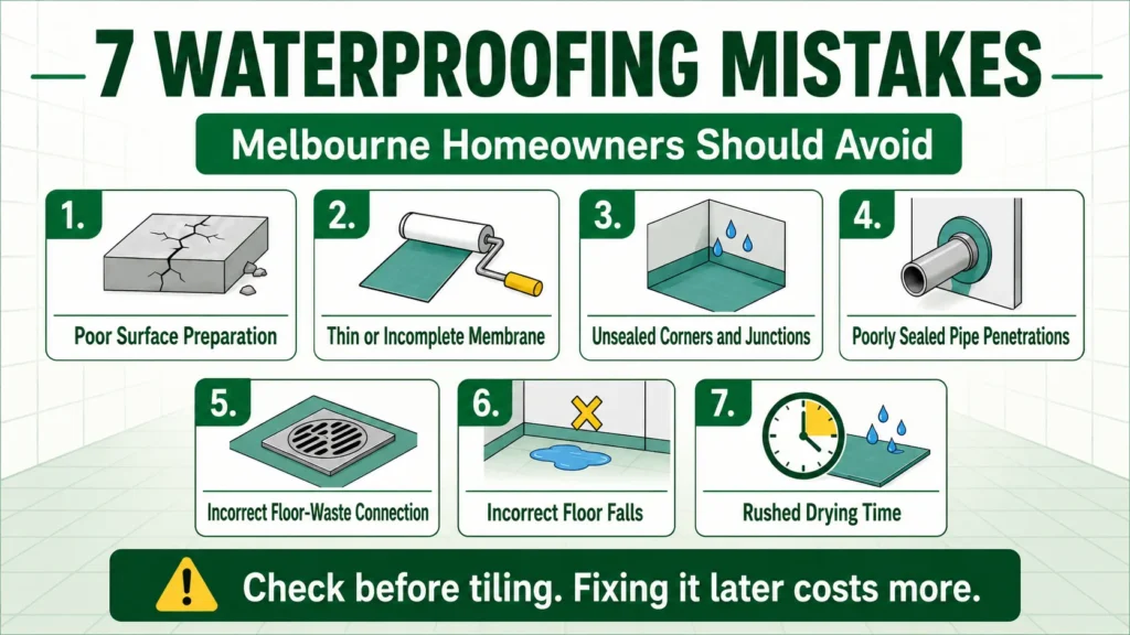 Infographic showing seven waterproofing mistakes Melbourne homeowners should avoid during bathroom renovations.
